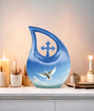 Blue Dove Bird Urn with Cross Drop design, Large 