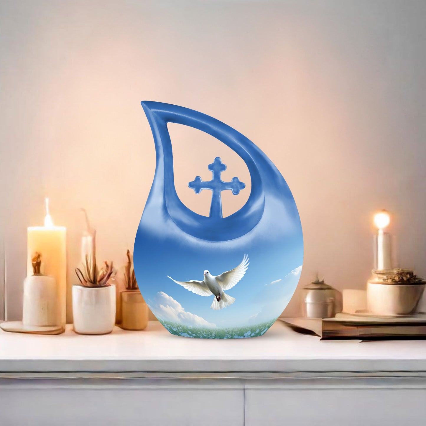 Blue Dove Bird Urn with Cross Drop design, Large 