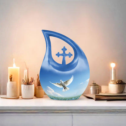 Blue Dove Bird Urn with Cross Drop design, Large 