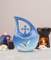 Blue Dove Bird Urn with Cross Drop design, Large 