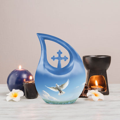 Blue Dove Bird Urn with Cross Drop design, Large 
