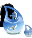 Blue Dove Bird Urn with Cross Drop design, Large 