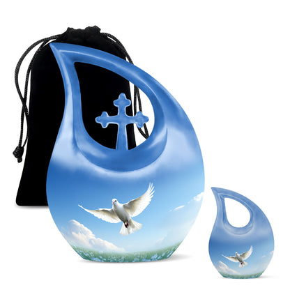 Blue Dove Bird Urn with Cross Drop design, Large 
