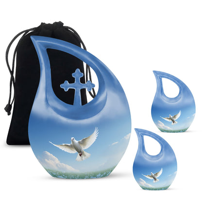 Blue Dove Bird Urn with Cross Drop design, Large 
