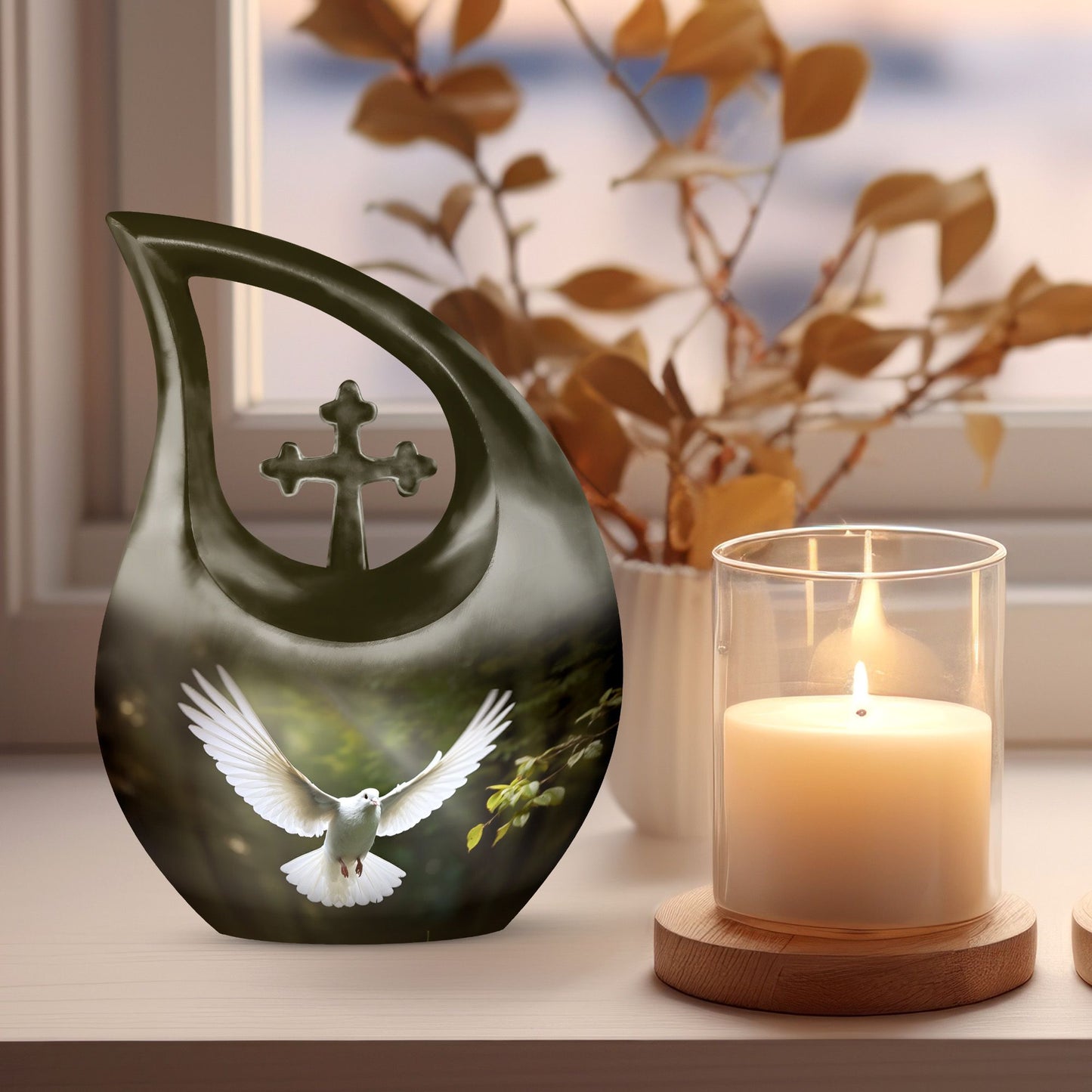 10-inch Dove Bird urn with Cross Drop design