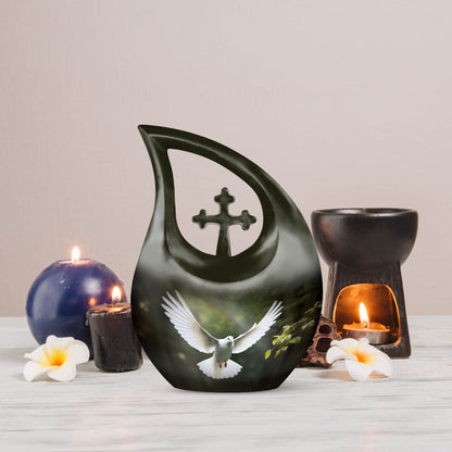 10-inch Dove Bird urn with Cross Drop design