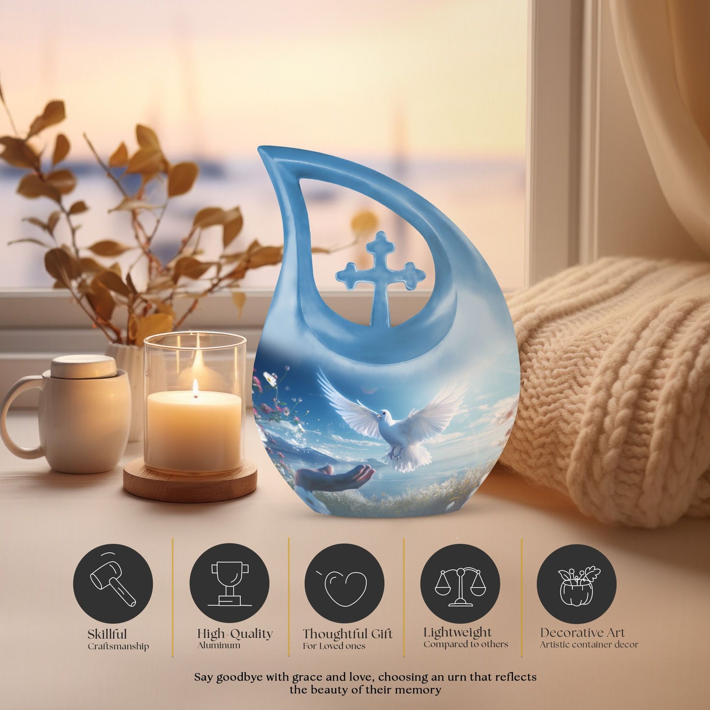 10-inch Dove Bird Urn with Cross Drop design, 