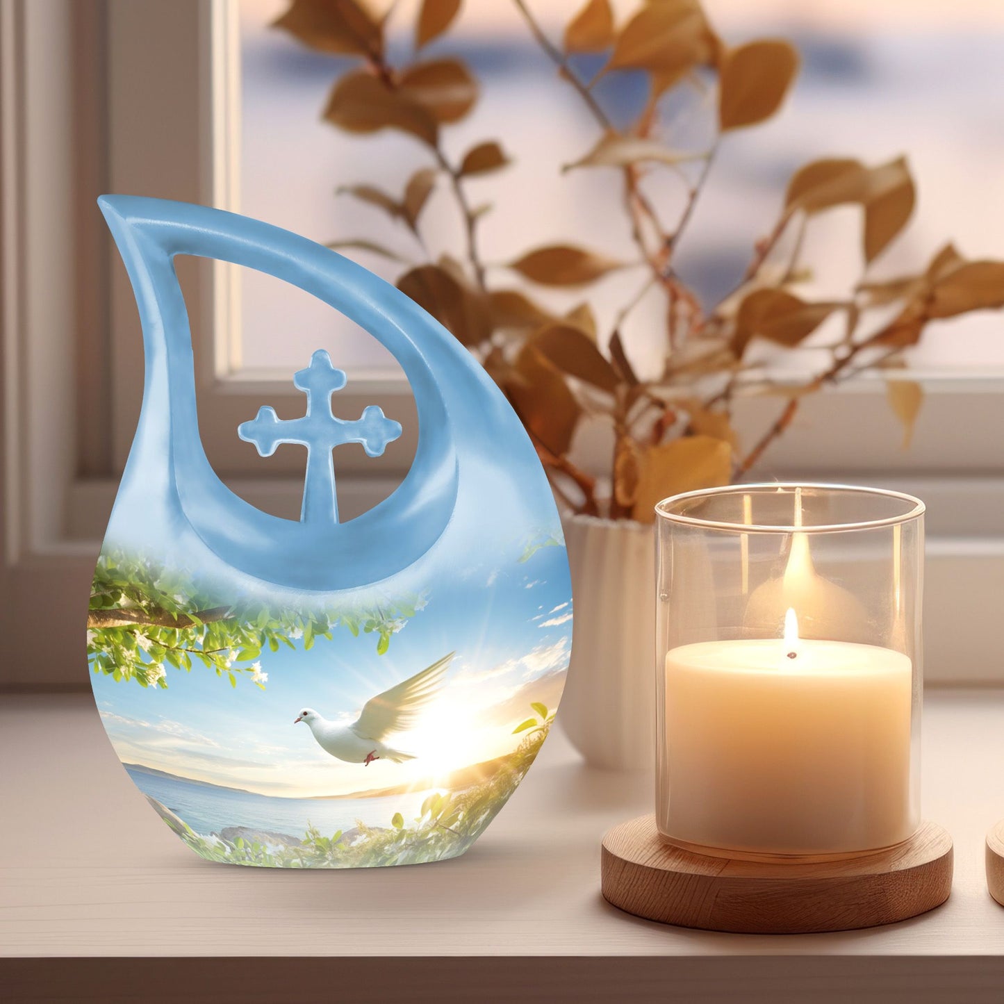 10-inch Dove Bird Urn with Cross Drop design, personalized 