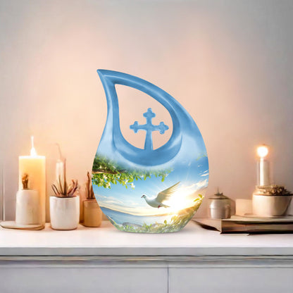 10-inch Dove Bird Urn with Cross Drop design, personalized 