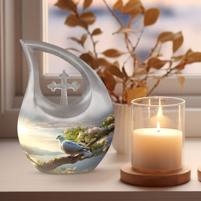 10-inch Dove Bird Urn with Cross Drop design,