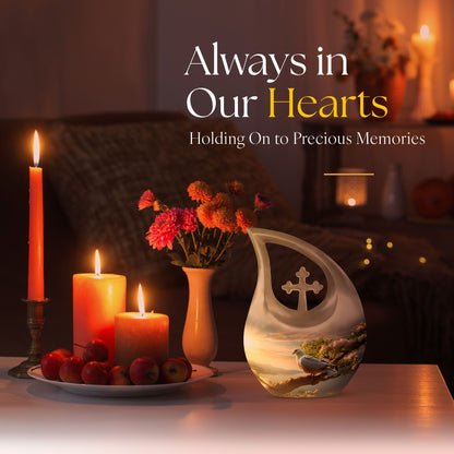 10-inch Dove Bird Urn with Cross Drop design,