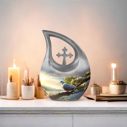 10-inch Dove Bird Urn with Cross Drop design,