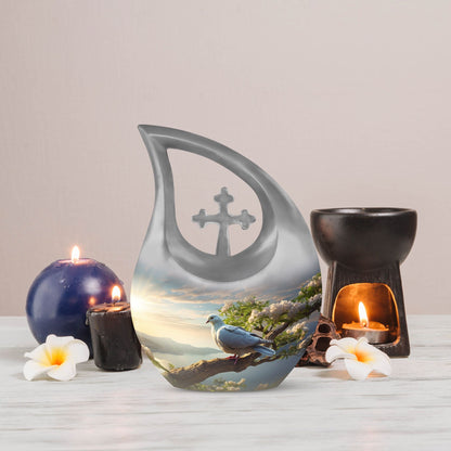 10-inch Dove Bird Urn with Cross Drop design,