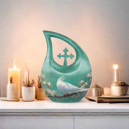 10-inch Dove Bird Urn for ashes with Cross Drop design