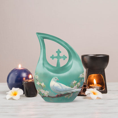 10-inch Dove Bird Urn for ashes with Cross Drop design