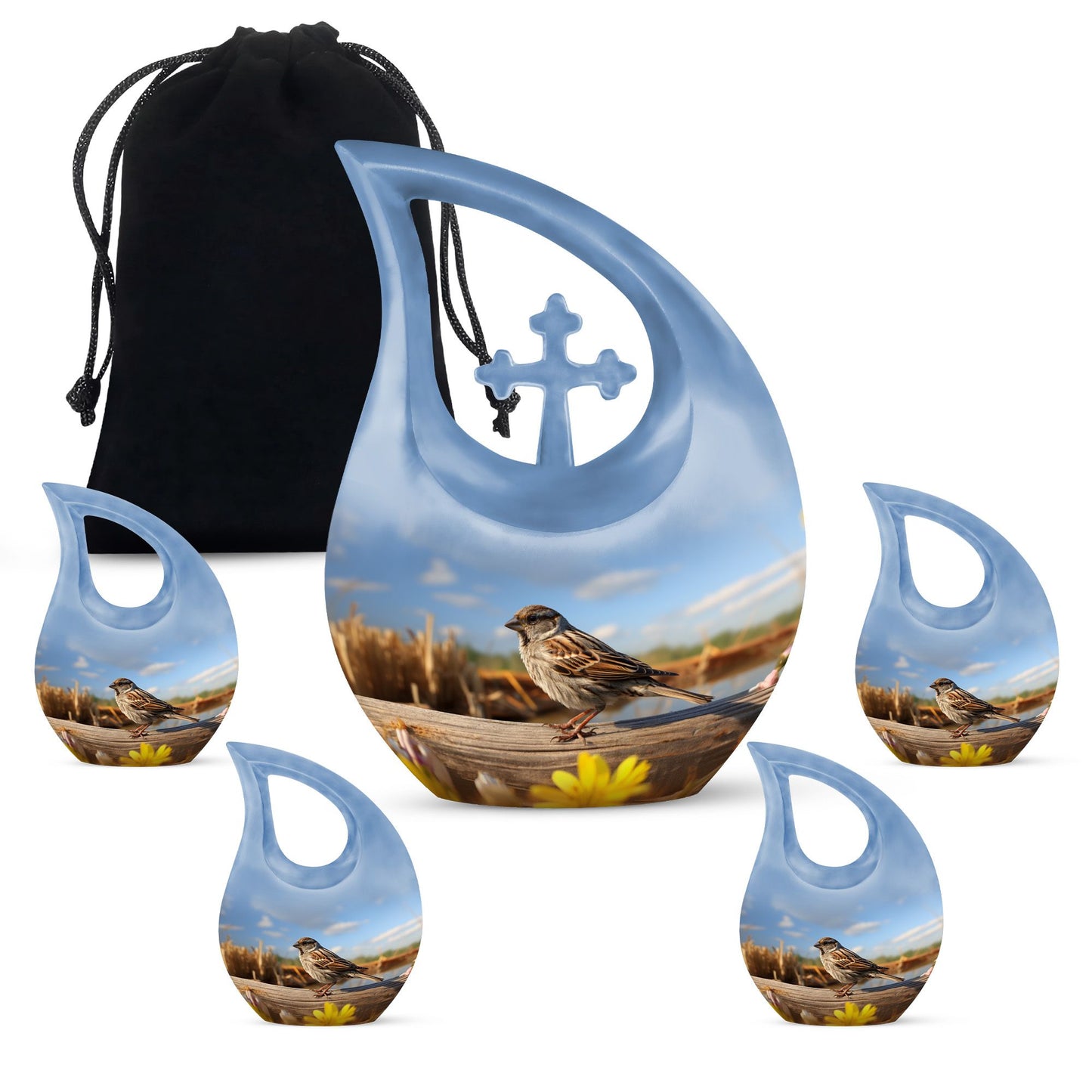 10 inch Sparrow Urn with Cross Drop design for ashes, 