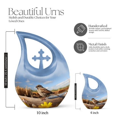 10 inch Sparrow Urn with Cross Drop design for ashes, 