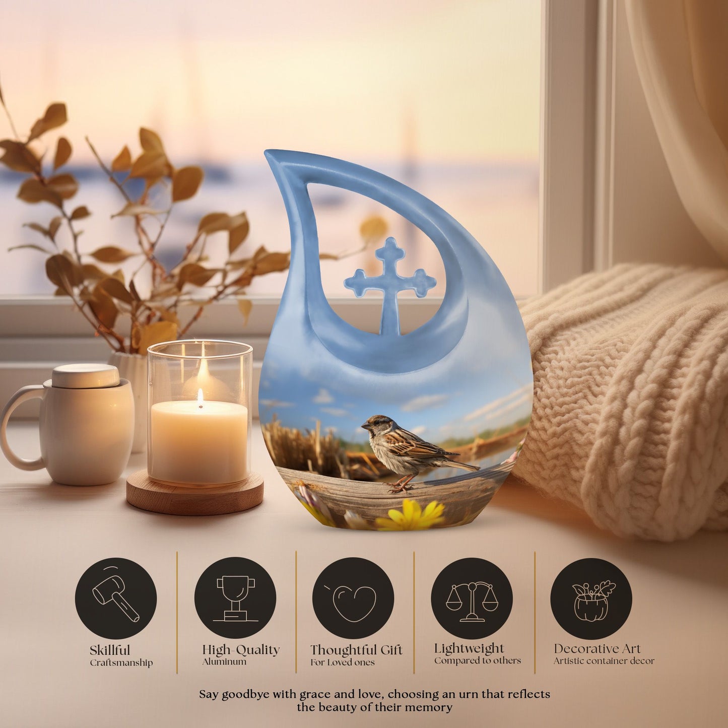 10 inch Sparrow Urn with Cross Drop design for ashes, 