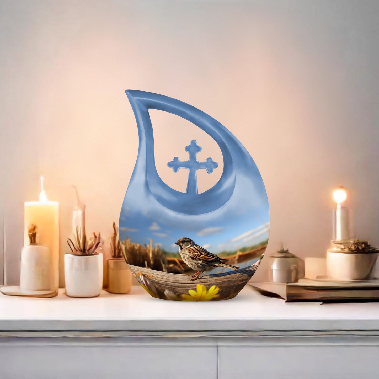 10 inch Sparrow Urn with Cross Drop design for ashes, 