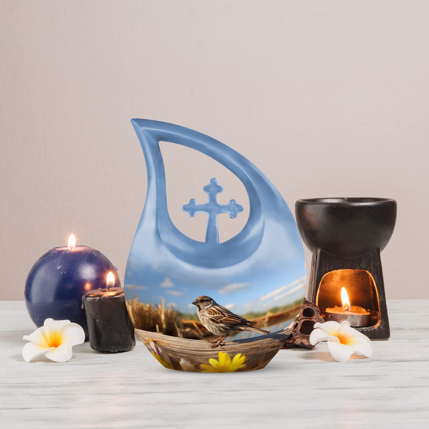 10 inch Sparrow Urn with Cross Drop design for ashes, 
