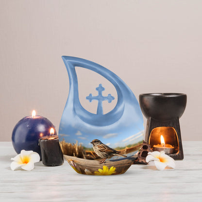 10 inch Sparrow Urn with Cross Drop design for ashes, 