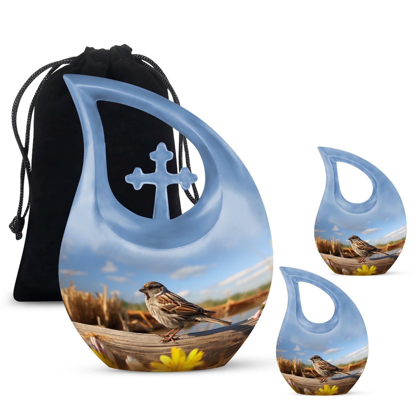 10 inch Sparrow Urn with Cross Drop design for ashes, 