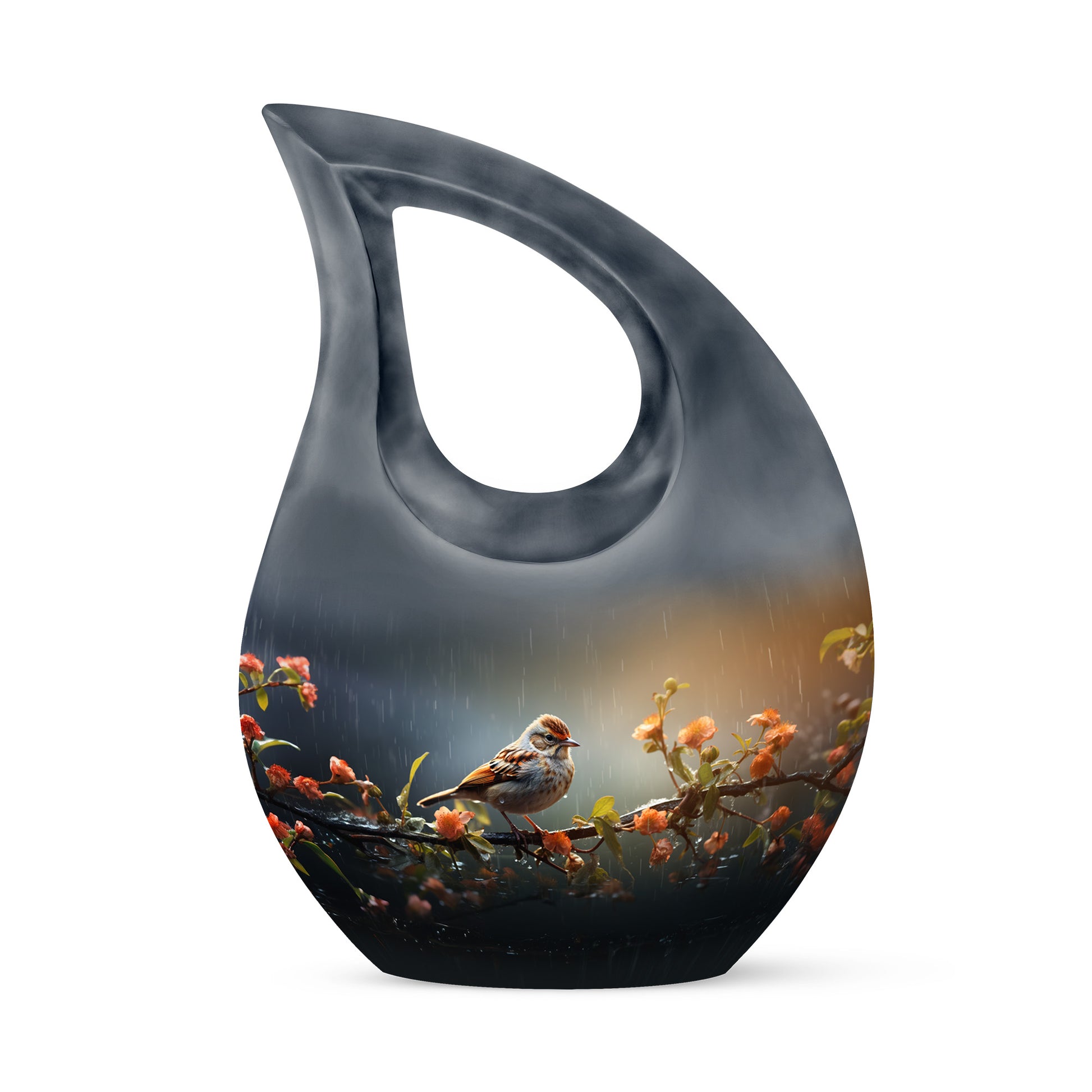 Sparrow on Branch Cremation Urn for Human Ashes - Bird in Rain Memorial