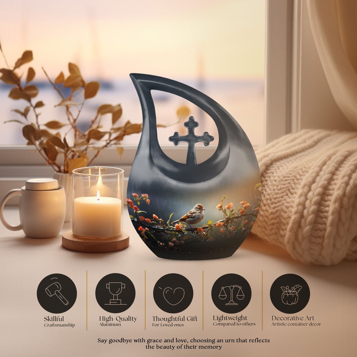 10 inch Cross Drop Sparrow Urn, Aluminium Cremation