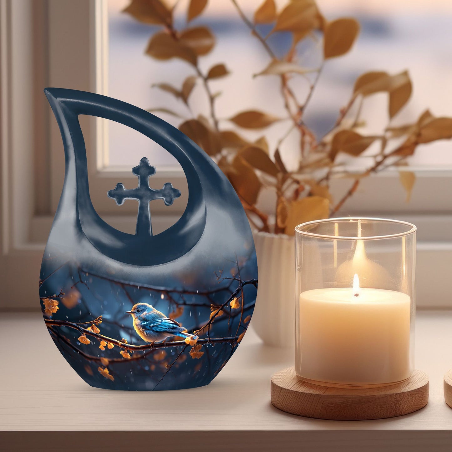 10-inch Sparrow Urn with modern Cross Drop design, comes 