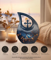 10-inch Sparrow Urn with modern Cross Drop design, comes 