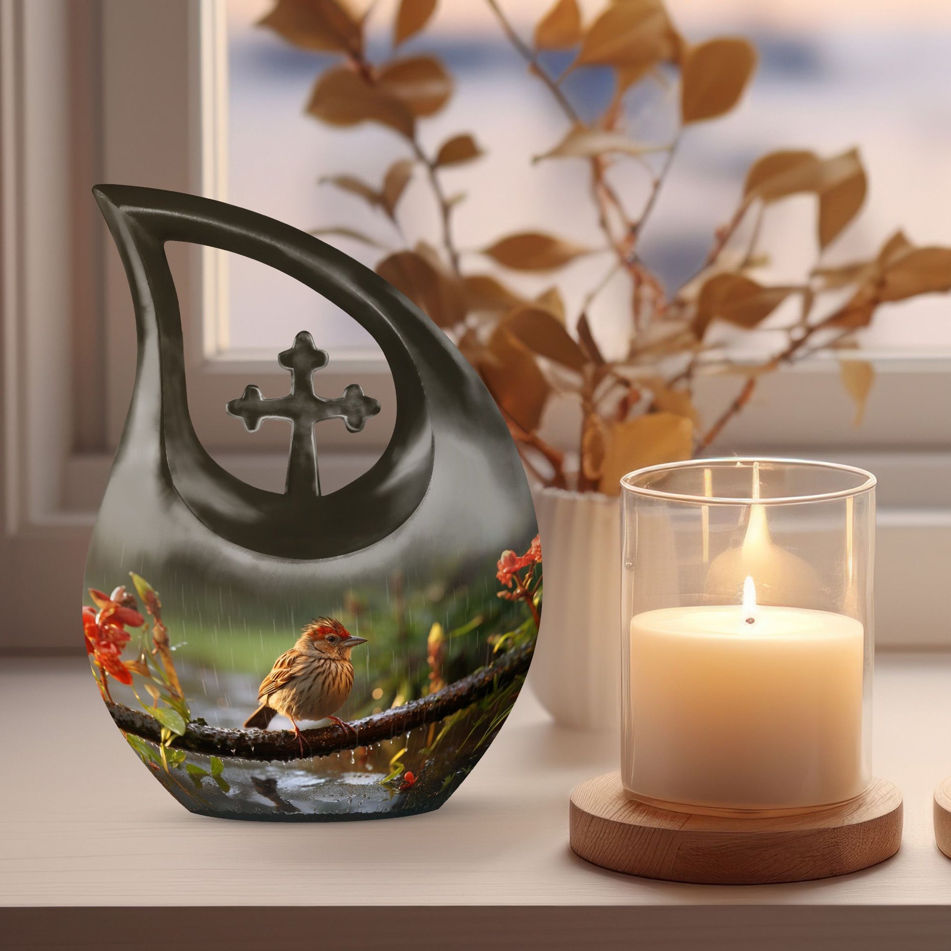 10-inch Sparrow Urn with Cross Drop design, 