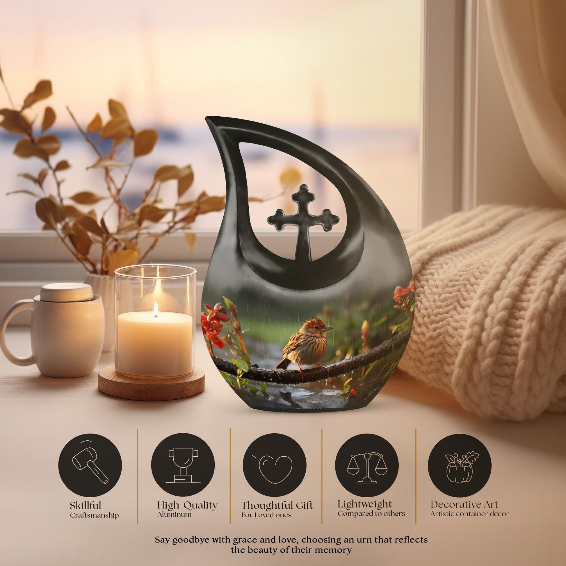 10-inch Sparrow Urn with Cross Drop design, 