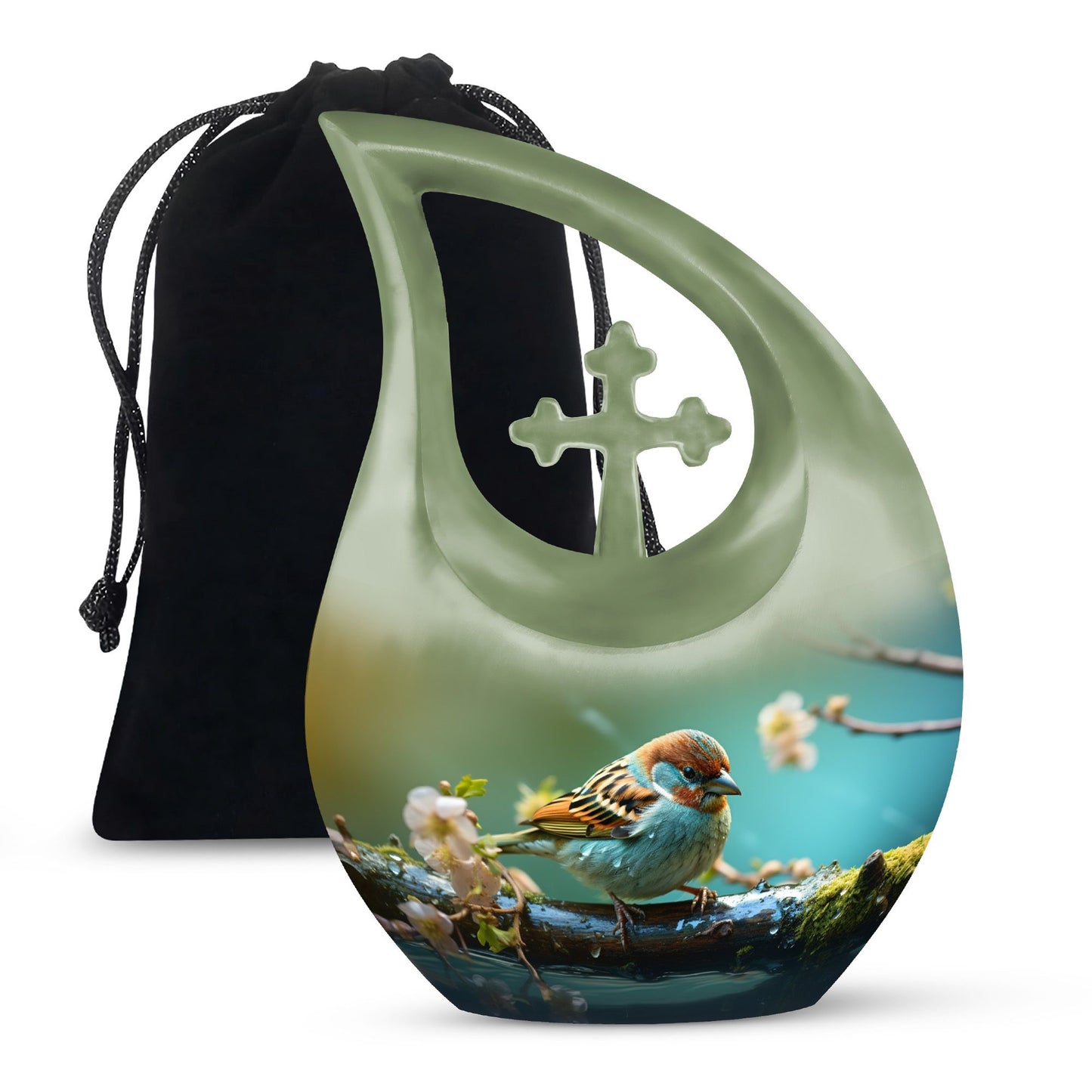 10-inch Sparrow themed Cross Drop Urn, an ashes container 
