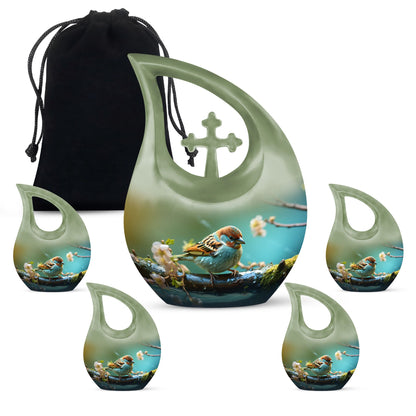 10-inch Sparrow themed Cross Drop Urn, an ashes container 