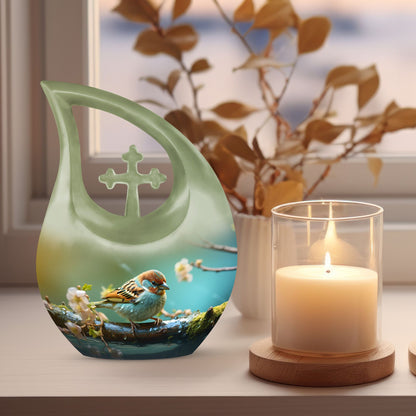 10-inch Sparrow themed Cross Drop Urn, an ashes container 