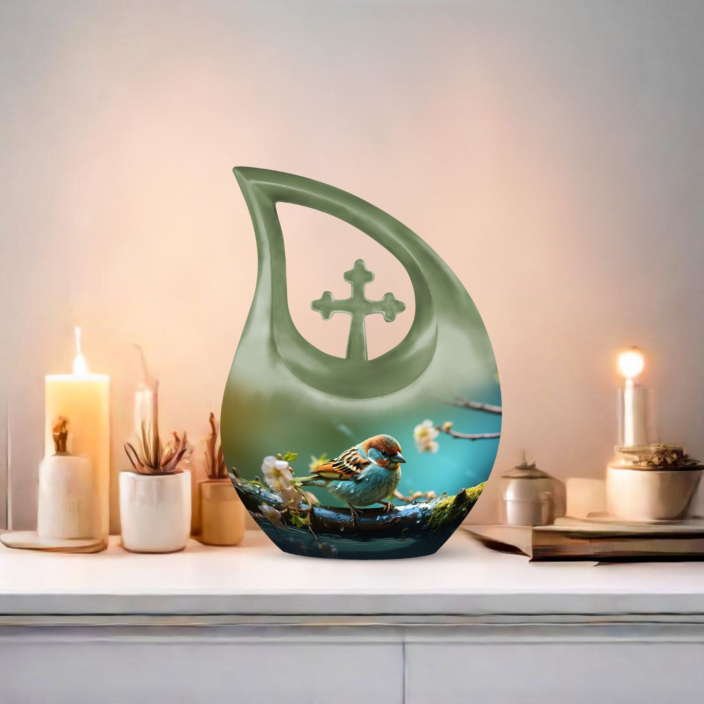 10-inch Sparrow themed Cross Drop Urn, an ashes container 