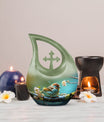 10-inch Sparrow themed Cross Drop Urn, an ashes container 