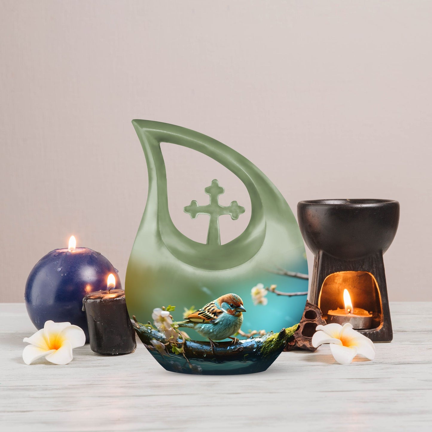 10-inch Sparrow themed Cross Drop Urn, an ashes container 