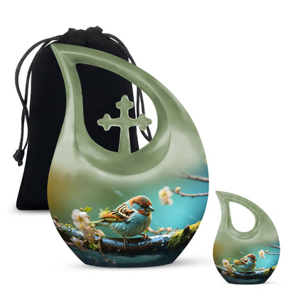 10-inch Sparrow themed Cross Drop Urn, an ashes container 