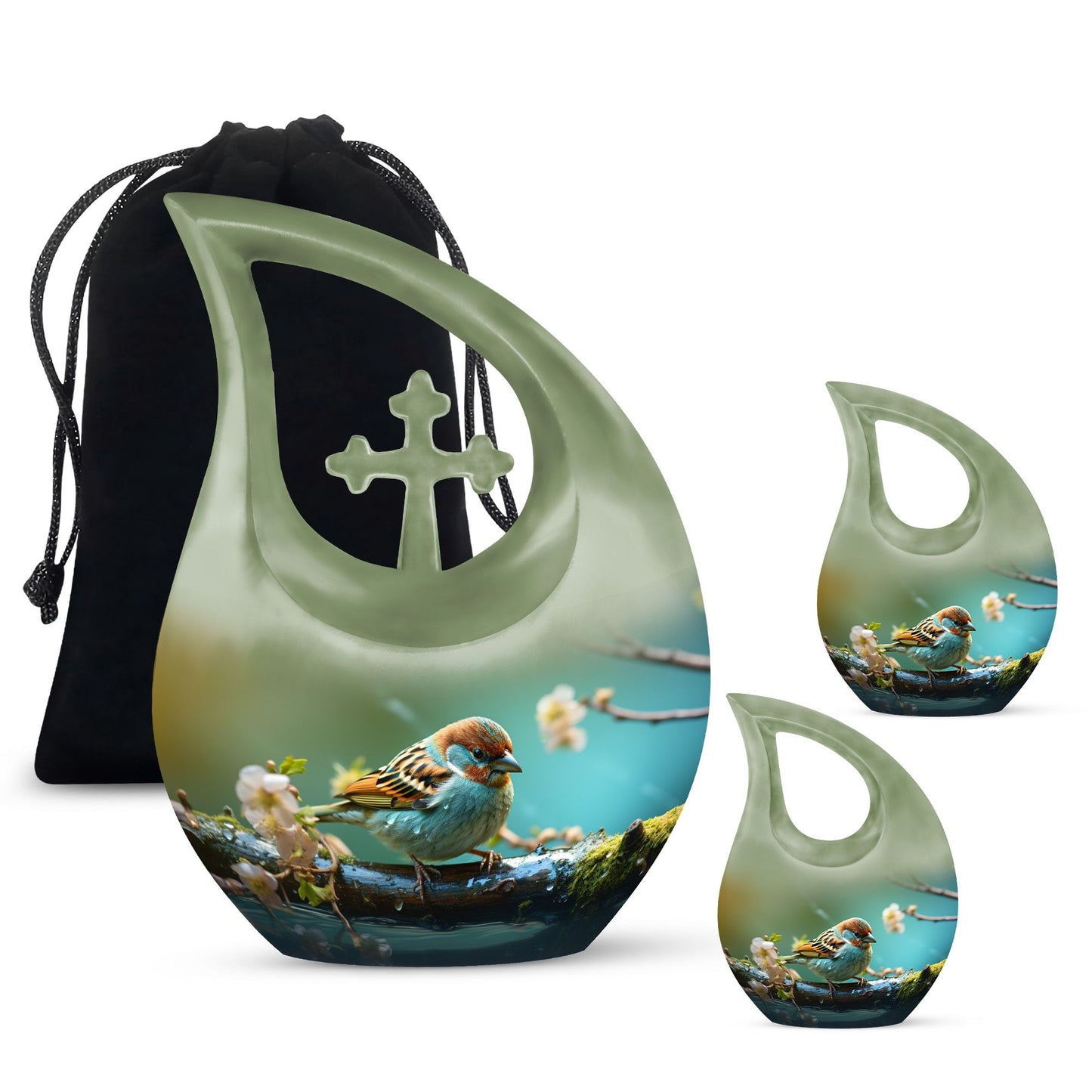 10-inch Sparrow themed Cross Drop Urn, an ashes container 