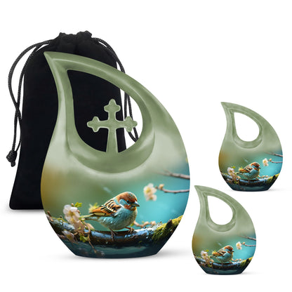 10-inch Sparrow themed Cross Drop Urn, an ashes container 