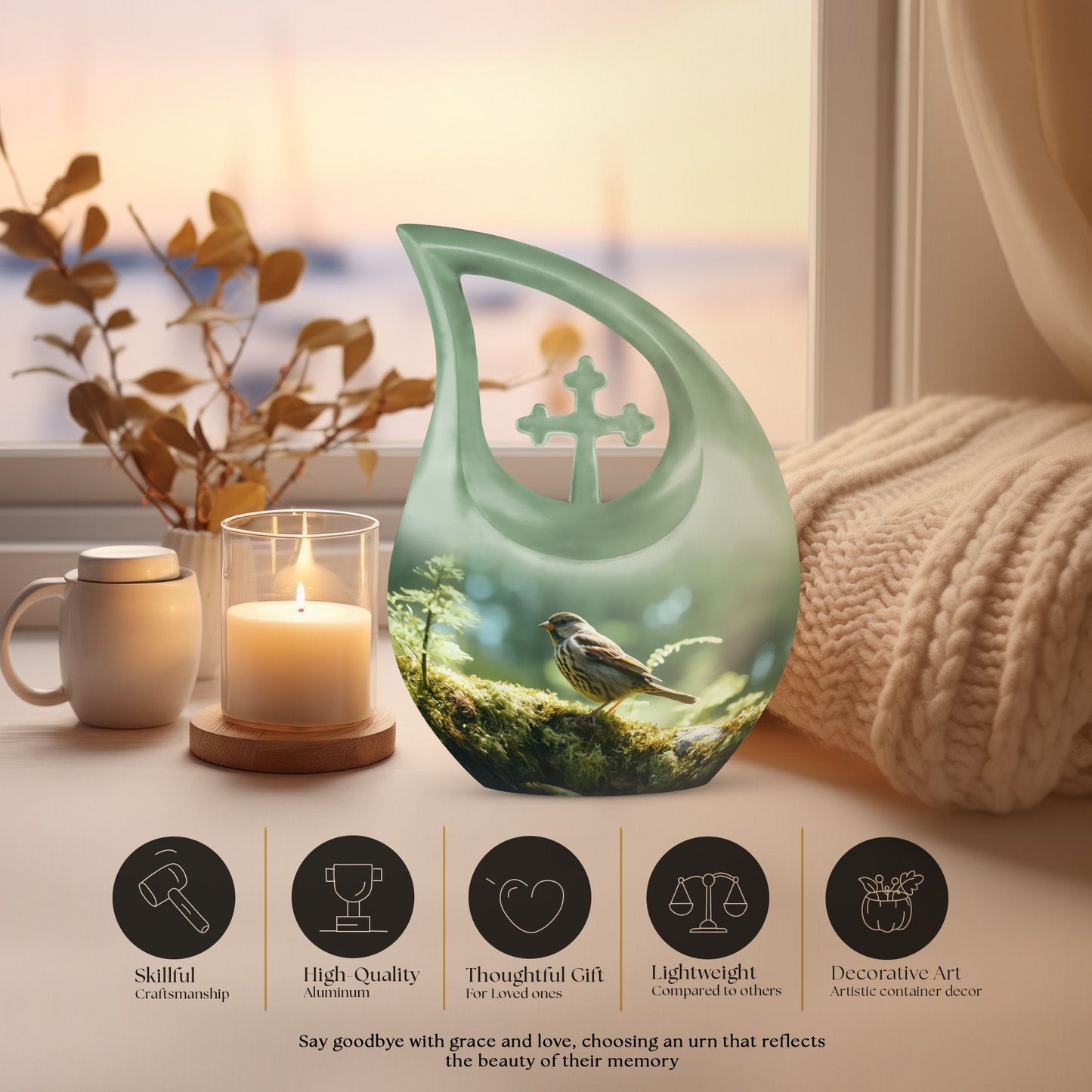 10-inch Sparrow Urn in Cross Drop design, Personalized