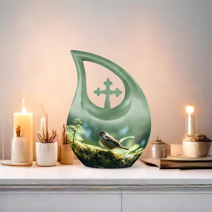 10-inch Sparrow Urn in Cross Drop design, Personalized