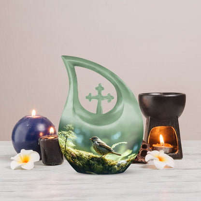10-inch Sparrow Urn in Cross Drop design, Personalized