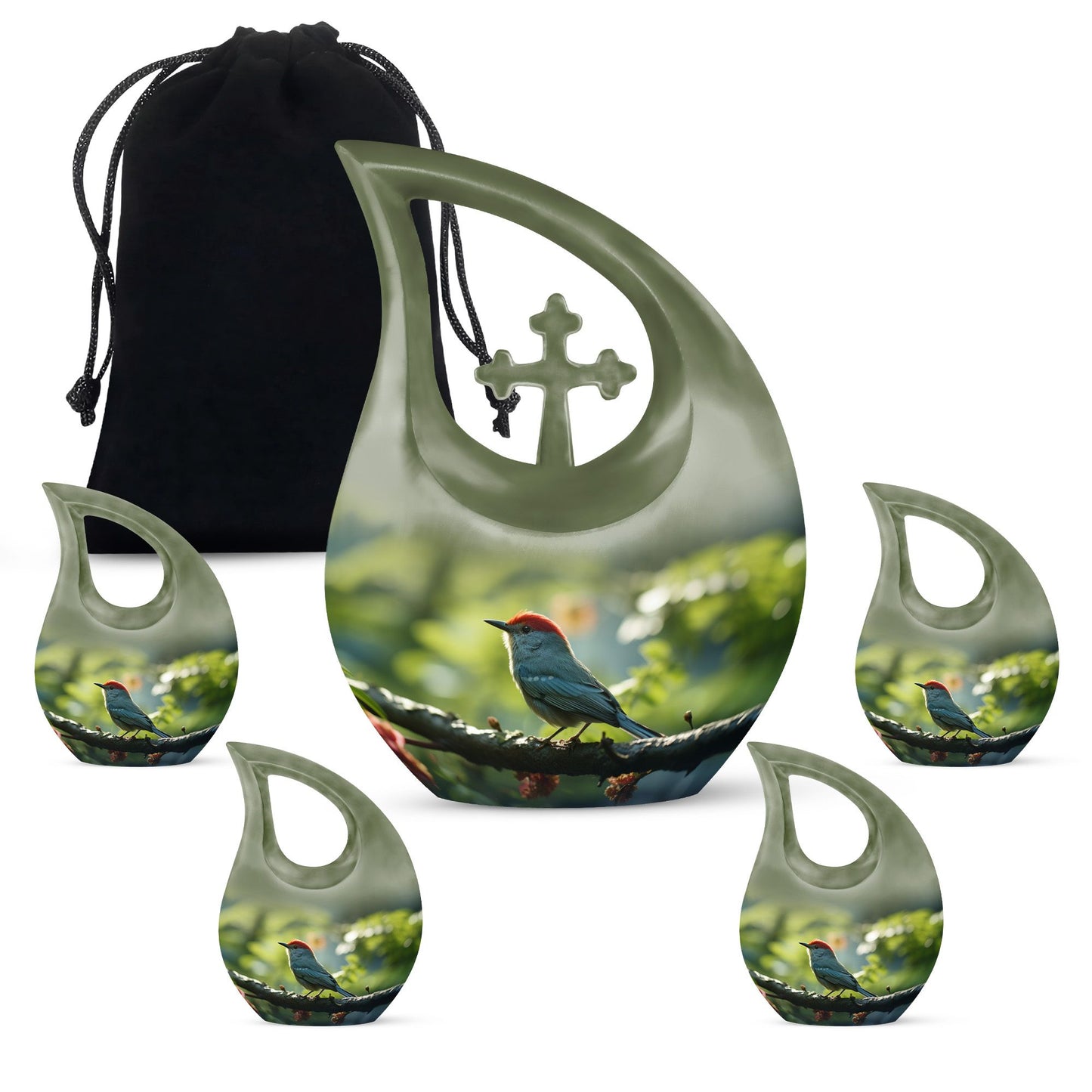 Sparrow themed 10 inch Medium memorial urn, Cross Drop