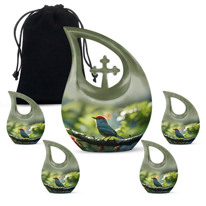 Sparrow themed 10 inch Medium memorial urn, Cross Drop