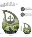 Sparrow themed 10 inch Medium memorial urn, Cross Drop
