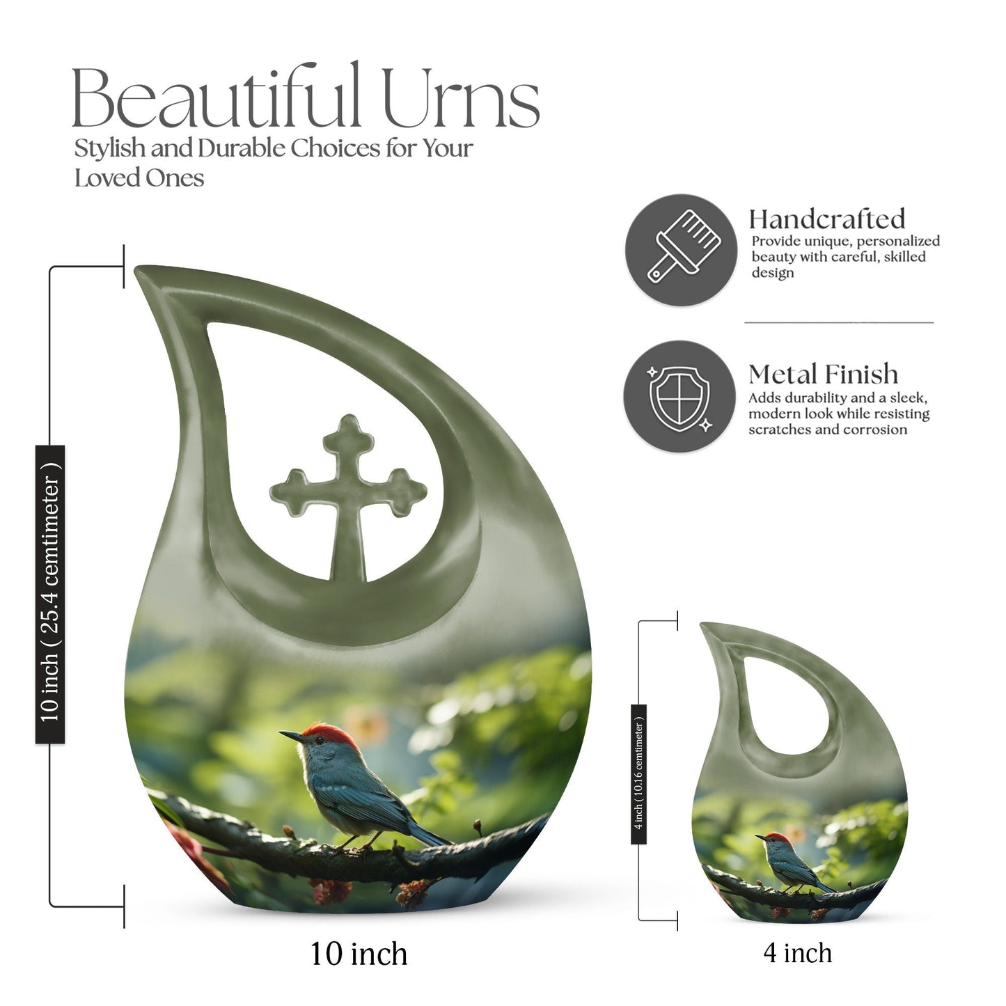 Green Personalized Bird Keepsake Urn for Human Ashes - 10-inch, 3 cu in - Yatskia