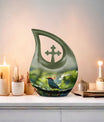 Sparrow themed 10 inch Medium memorial urn, Cross Drop