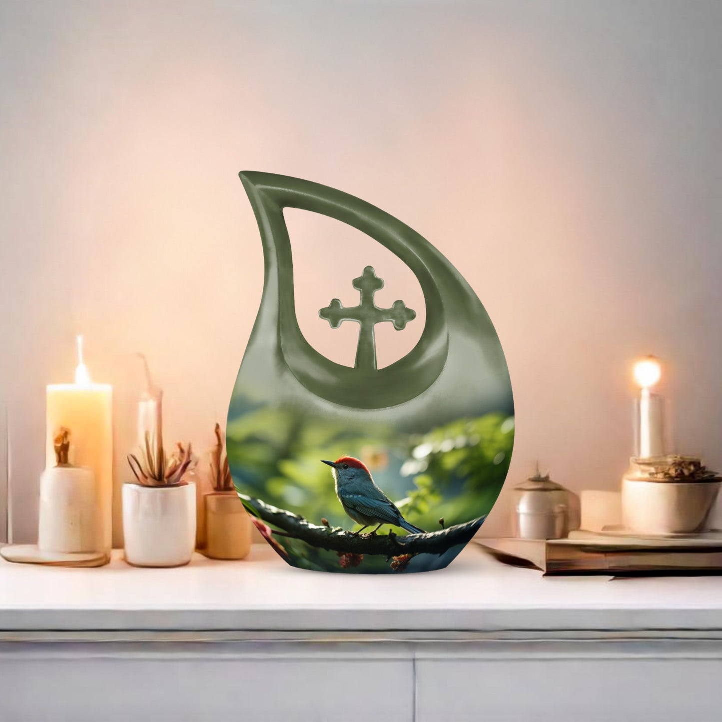 Sparrow themed 10 inch Medium memorial urn, Cross Drop